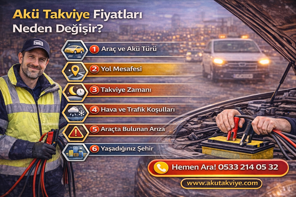 Akü takviye fiyatlarının araç türü, mesafe, zaman ve hizmet koşullarına göre neden değiştiğini gösteren akü takviye hizmeti görseli