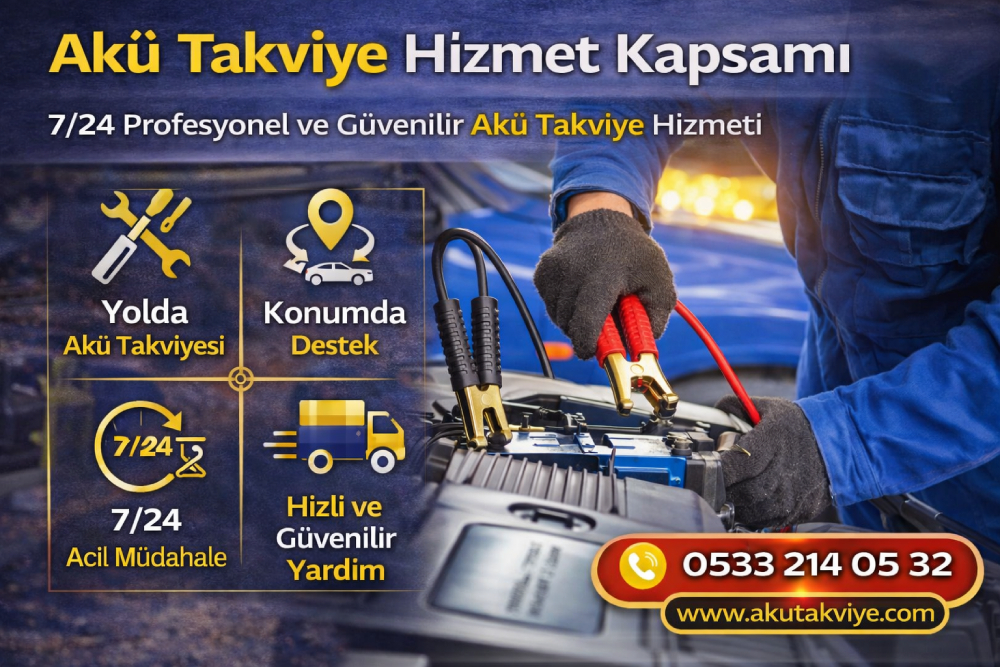 Akü takviye hizmet kapsamını ve sunulan yol yardım hizmetlerini gösteren görsel