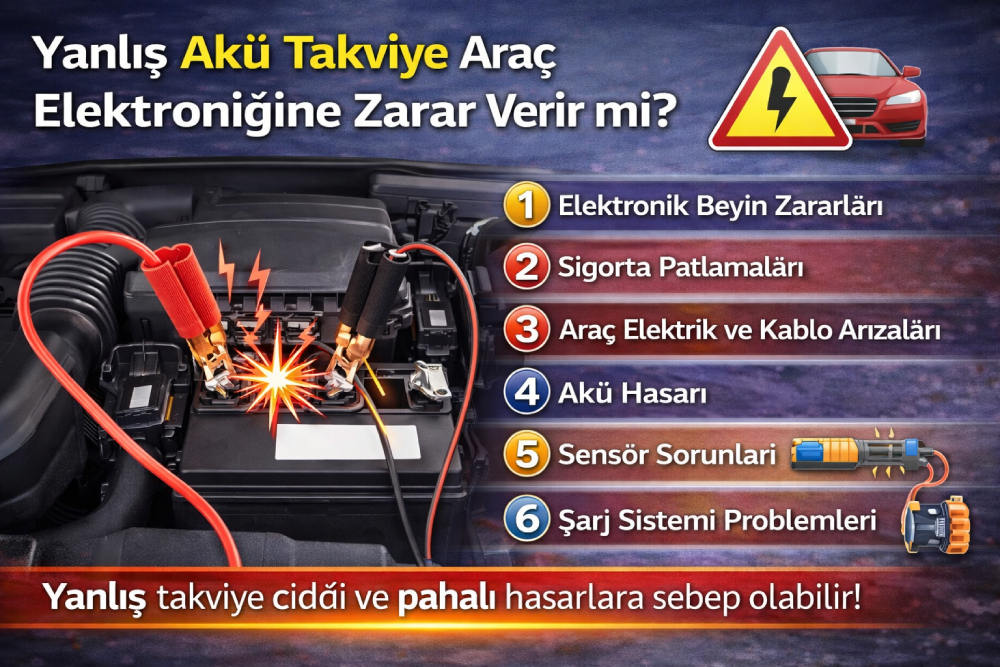 Yanlış akü takviye işleminin araç elektroniğine verdiği zararları gösteren görsel